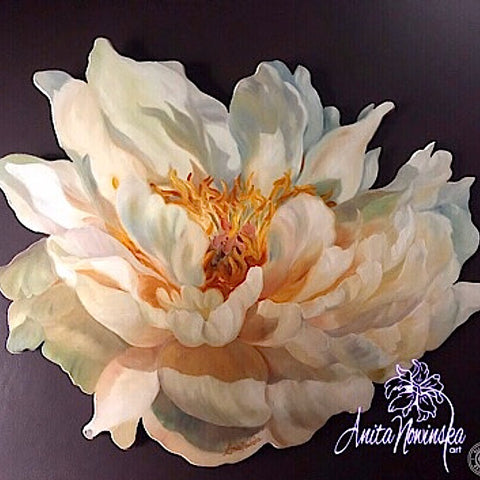 Freeform cutout oil on board flower painting of a creamy white peony in full bloom. Interior decor wall art.