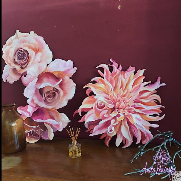 Freeform cut out oil painting on board of peach labyrinth dahlia. Interior decor wall art