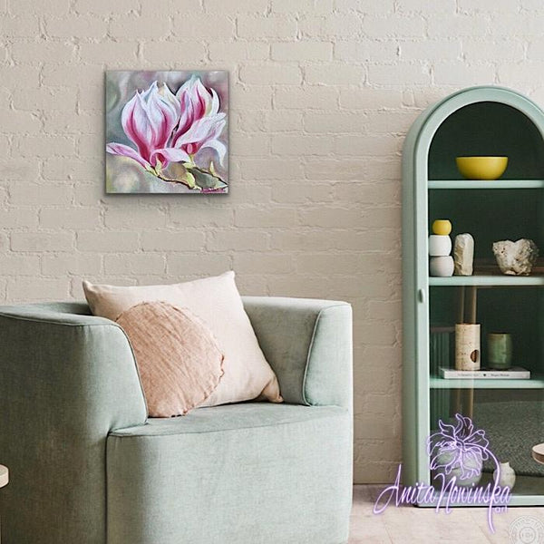 oil on canvas of pink & white magnolia flower painting by Anita Nowinska
