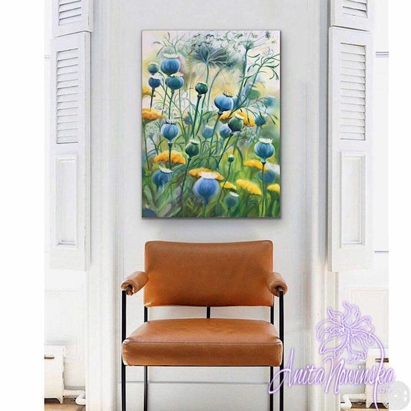 Flower_Painting_of_blue_poppy_heads_in_a_meadow_with_flowers_by_Anita_Nowinska