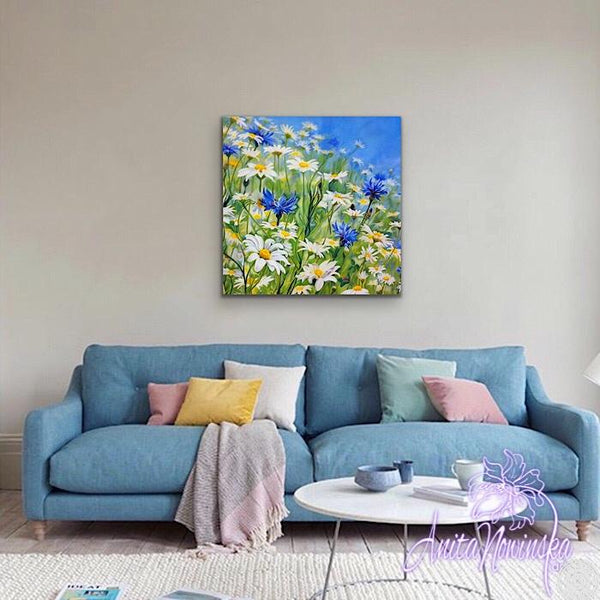 meadow flower painting with daisies & cornflowers Anita Nowinska