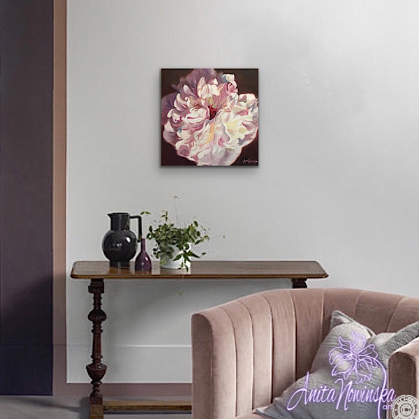 Gentle white & pink peony flower painting in oil paints, of peony in full bloom by Anita Nowinska