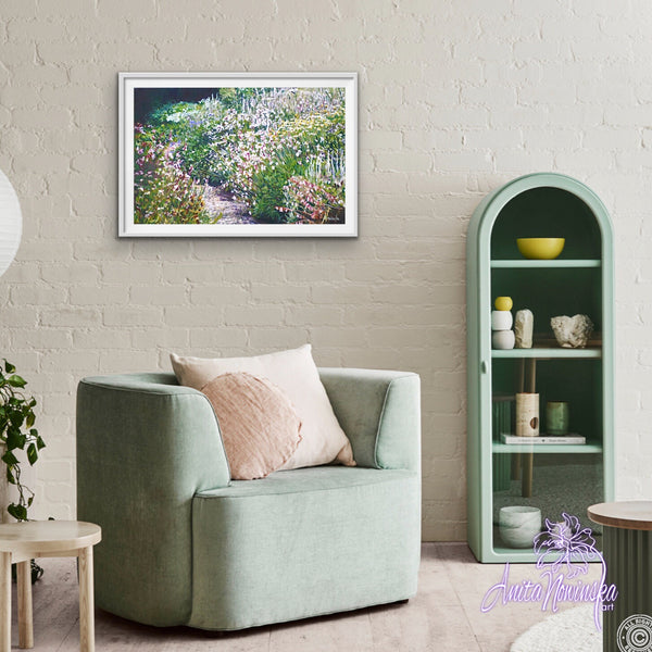 Limited edition print of path meandering through a green and white garden fron an original garden painting by Anita Nowinska. Beautiful interior a wall decor in a range of finishes.