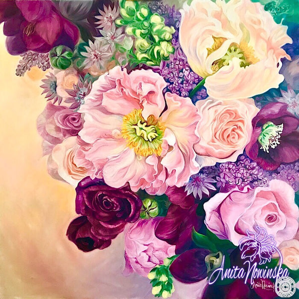 Big flower painting of wedding bouquet with California poppy, hellebores, lilacs & roses in pinks & cerise & peach.