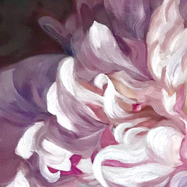 Gentle white & pink peony flower painting in oil paints, of peony in full bloom by Anita Nowinska