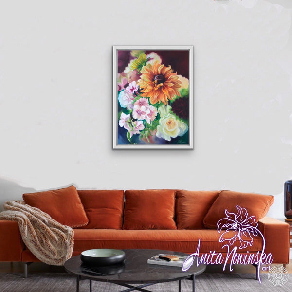 beautiful original oil on canvas floral painting of Rudbeckia, phlox & roses by Anita Nowinska, interior decor wall Art