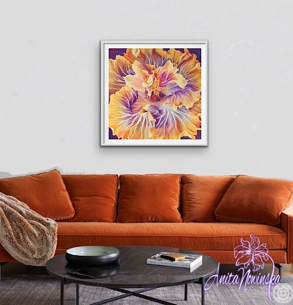 flamboyance- orange & purple hibiscus flower painting by Anita Nowinska