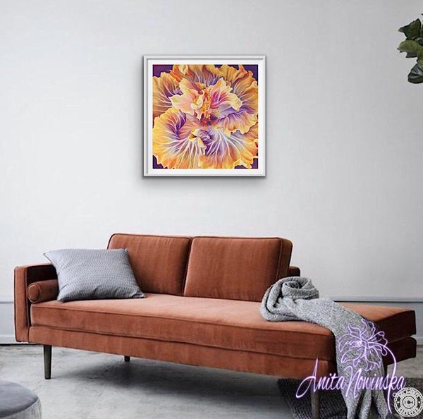 flamboyance- orange & purple hibiscus flower painting by Anita Nowinska