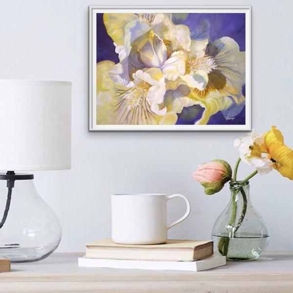 Oil on canvas flower painting of white & yellow Iris by Anita Nowinska