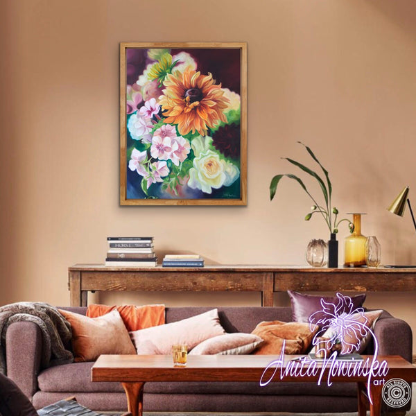 beautiful original oil on canvas floral painting of Rudbeckia, phlox & roses by Anita Nowinska, interior decor wall Art