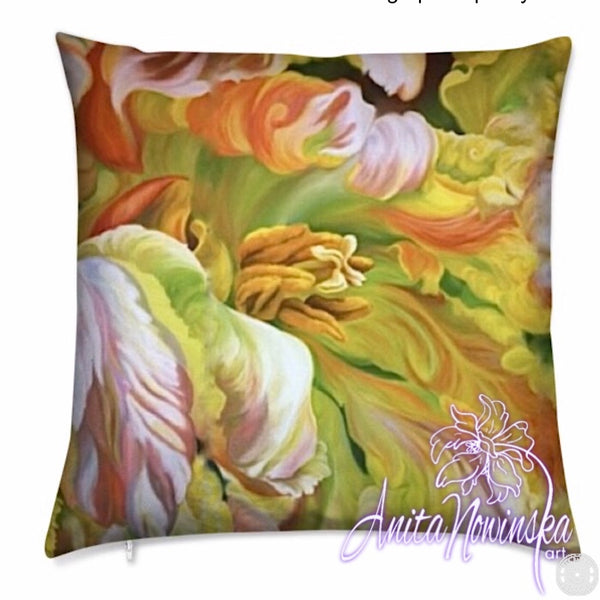 Luxury floral velvet cushion with yellow & pink tulip by Anita Nowinska