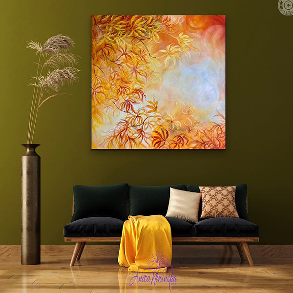 big oil on canvas of acer golden autumn leaves by anita nowinka