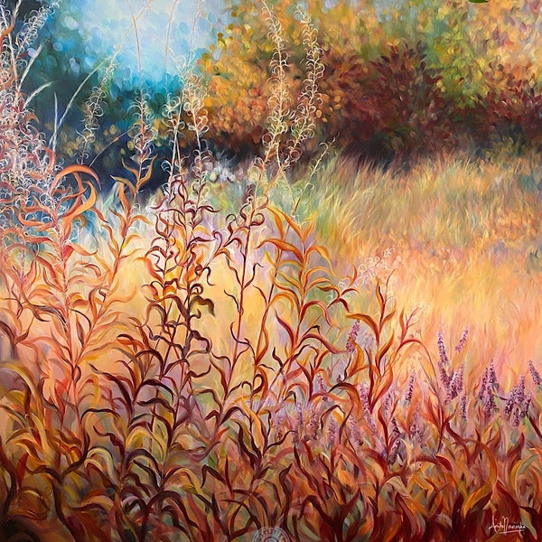 Big painting of autumn meadow on canvas by anita nowinska