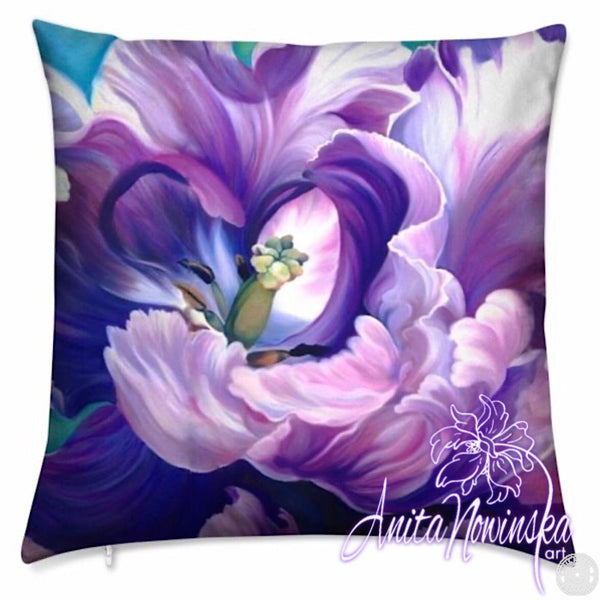 Luxury floral velvet cushion, purple parrot tulip by Anita Nowinska