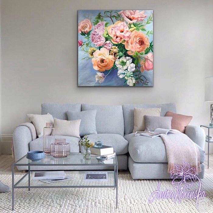 Amour- Bouquet Flower Painting- ranunculus, lisianthus & roses, oil on ...