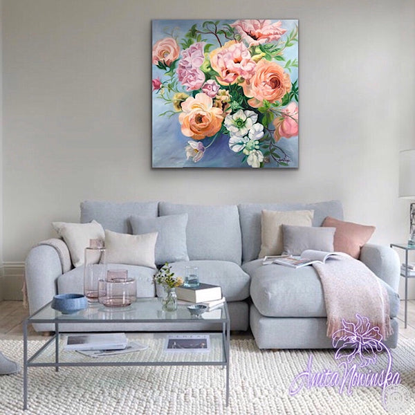 Romantic, relaxing floral painting of a wedding bouquet. Big flower painting in oil on canvas with pink roses, peach rununculus & lisianthus on blue background