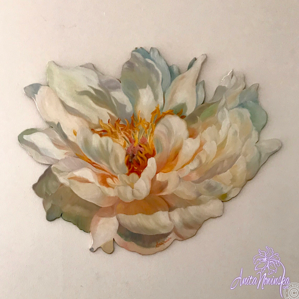 Freeform cutout oil on board flower painting of a creamy white peony in full bloom. Interior decor wall art.