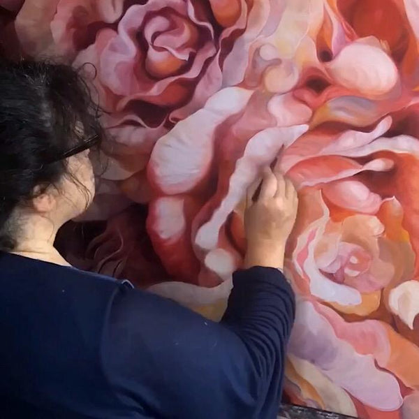 Statement art oil on canvas of peach, dusty pink & orange roses by Flower painter Anita Nowinska