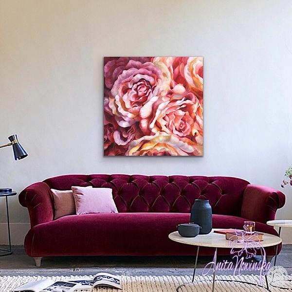 Beautiful big statement art poil on canvas peach, dusty pink & orange roses by Flower painter Anita Nowinska