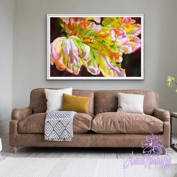 big bold interior wall decor, flower painting of parrot tulip by anita Nowinska