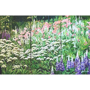 Big flower painting of green & white garden border by Anita Nowinska