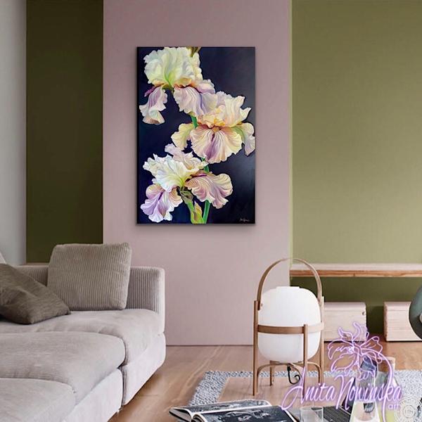Flower painting of irises oil on canvas on dark background by Anita Nowinska