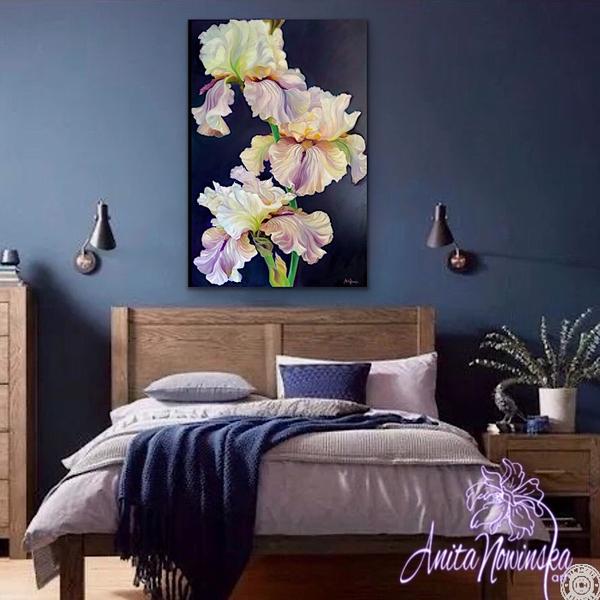 Big flower painting of irises on dark background by Anita Nowinska