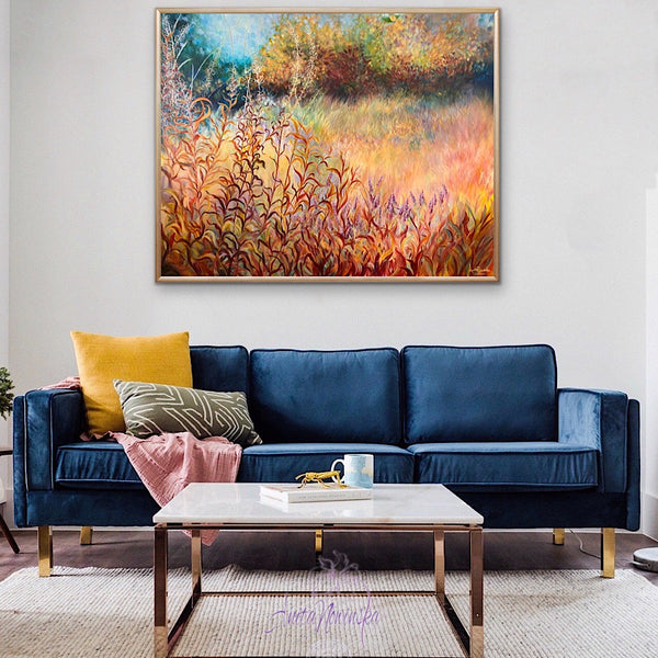 Big painting of autumn meadow on canvas by anita nowinska