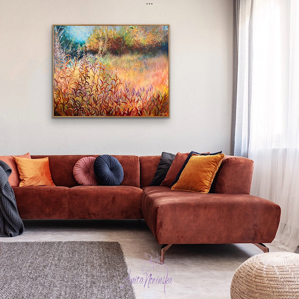 Big painting of autumn meadow on canvas by anita nowinska