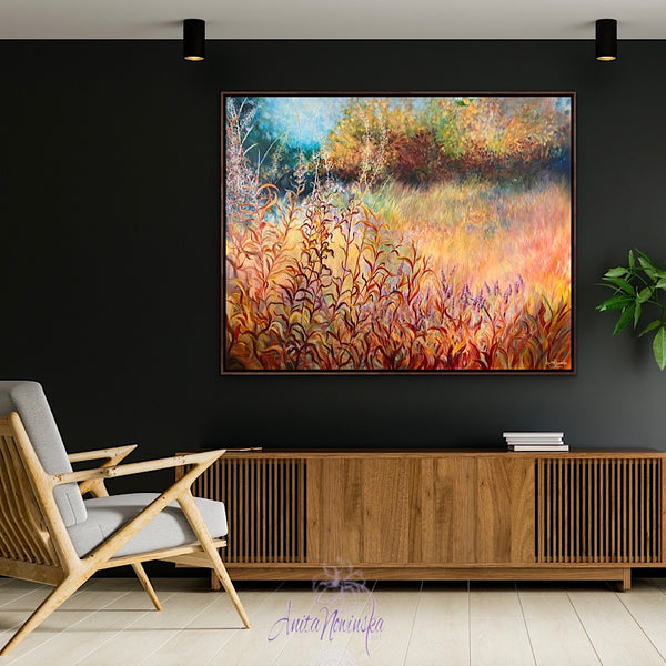 Big painting of autumn meadow on canvas by anita nowinska