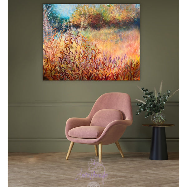 Big painting of autumn meadow on canvas by anita nowinska