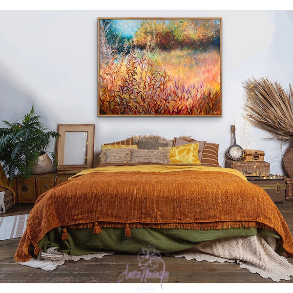 Big painting of autumn meadow on canvas by anita nowinska