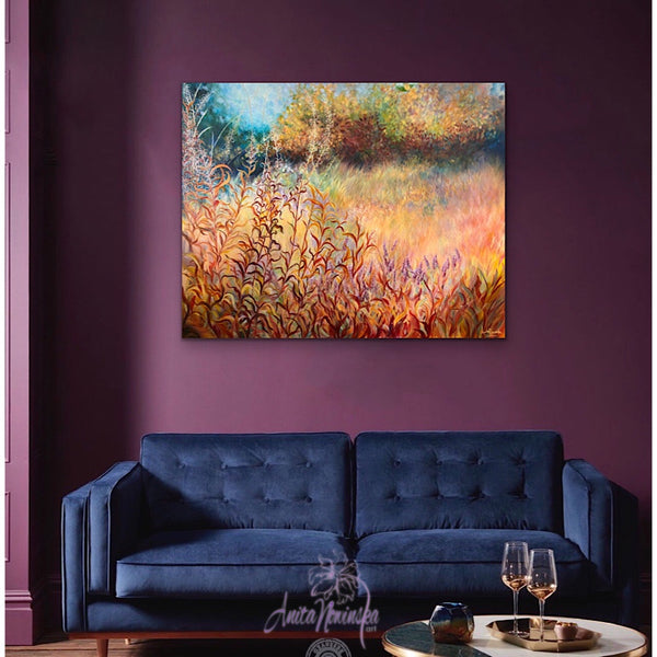 Big painting of autumn meadow on canvas by anita nowinska