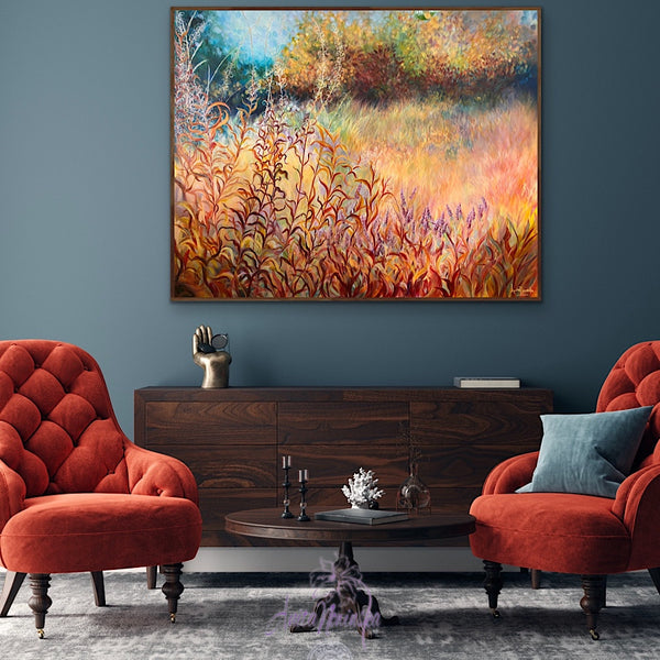 Big painting of autumn meadow on canvas by anita nowinska