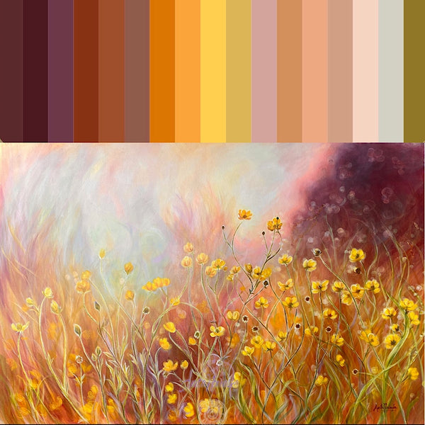 colour palette of Buttercup wild flower meadow painting on canvas by anita nowinska