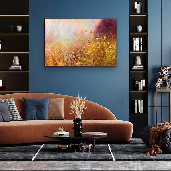 Buttercup wild flower meadow painting on canvas by anita nowinska