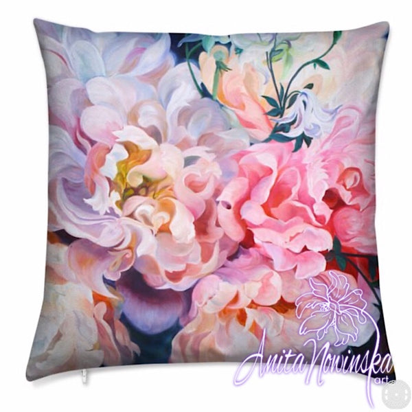 Luxury floral velvet cushion with pink peonies by Anita Nowinska