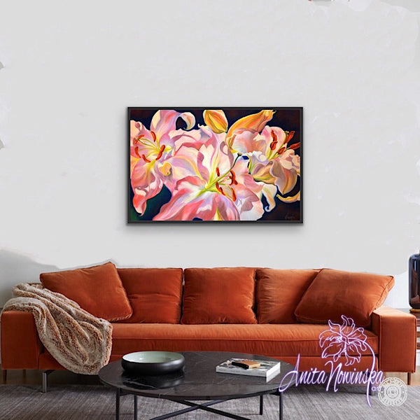 Triumph- Pink lilies big flower painting by Anita Nowinska