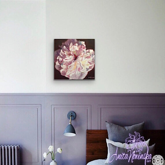 Gentle white & pink peony flower painting in oil paints, of peony in full bloom by Anita Nowinska