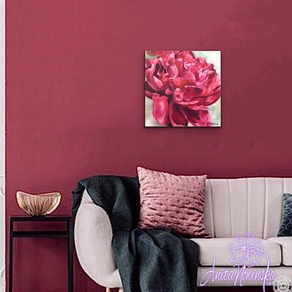 Beautiful oil painting of deep red peony on a pale green background, flower painting by Anita Nowinska for interior wall decor