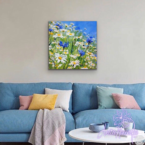 canvas print meadow flower painting with daisies & cornflowers Anita Nowinska