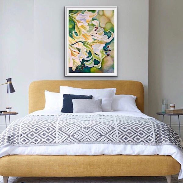 flower painting of white lilies on green by Anita Nowinska