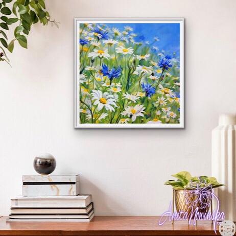 framed print, meadow flower painting with daisies & cornflowers Anita Nowinska