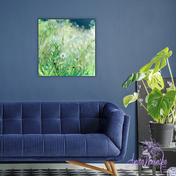 calming small acrylic on canvas painting of green grass meadow in sunlight with dandelion seed heads by Anita Nowinska