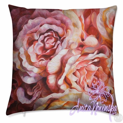 Luxury floral velvet cushion with peach roses by Anita Nowinska