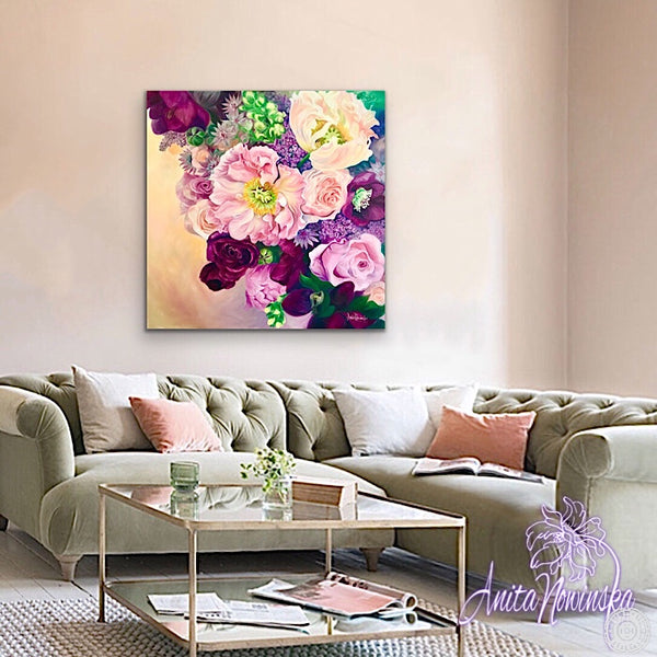 Big flower painting of wedding bouquet with California poppy, hellebores, lilacs & roses in pinks & cerise & peach.