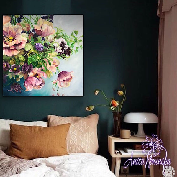 Original oil on canvas flower painting of Spring bouquet in vintage feel. Statement piece interior wall decor of labelled Époque tulips