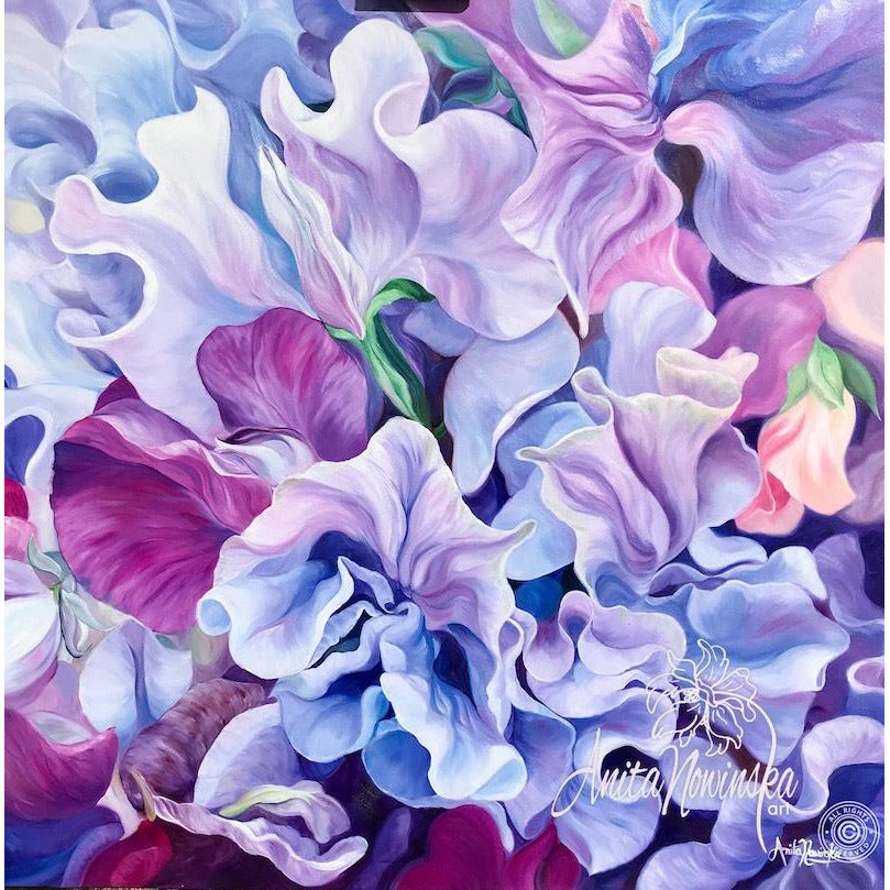 Beautiful flower painting of lilac, purple & cerise sweet-pea flowers sweet-peas by floral artist Anita Nowinska