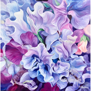 Beautiful flower painting of lilac, purple & cerise sweet-pea flowers sweet-peas by floral artist Anita Nowinska