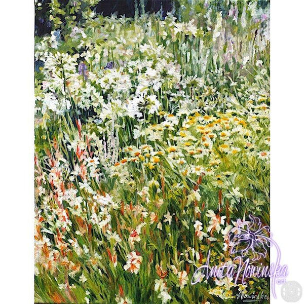 white & yellow flower border in garden, oil on canvas  painting by Anita Nowinska